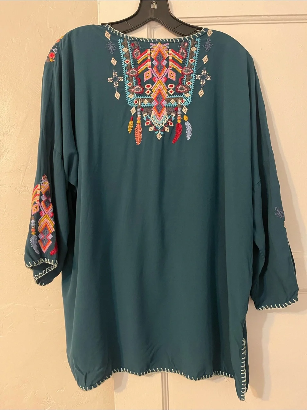 Embroidered Boho Tunic Top Deep Teal xl